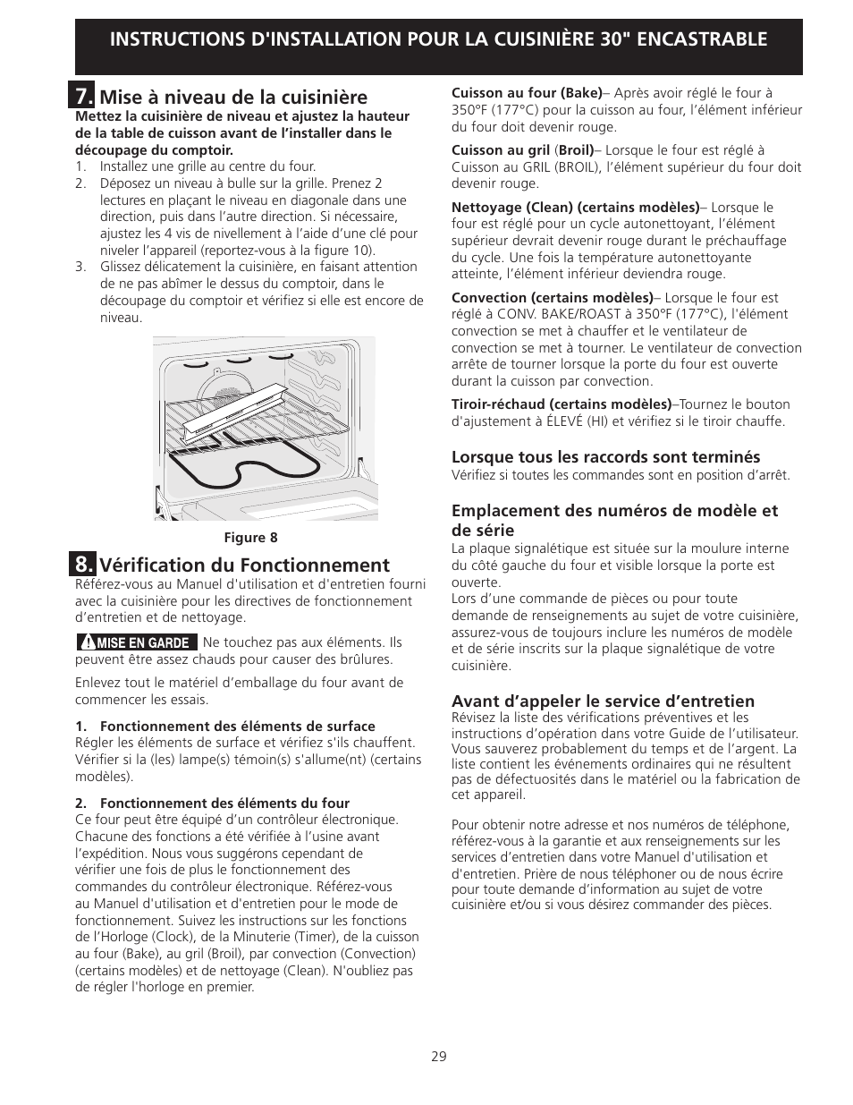 Vérification du fonctionnement, Mise à niveau de la cuisinière | FRIGIDAIRE 318201616 User Manual | Page 29 / 32