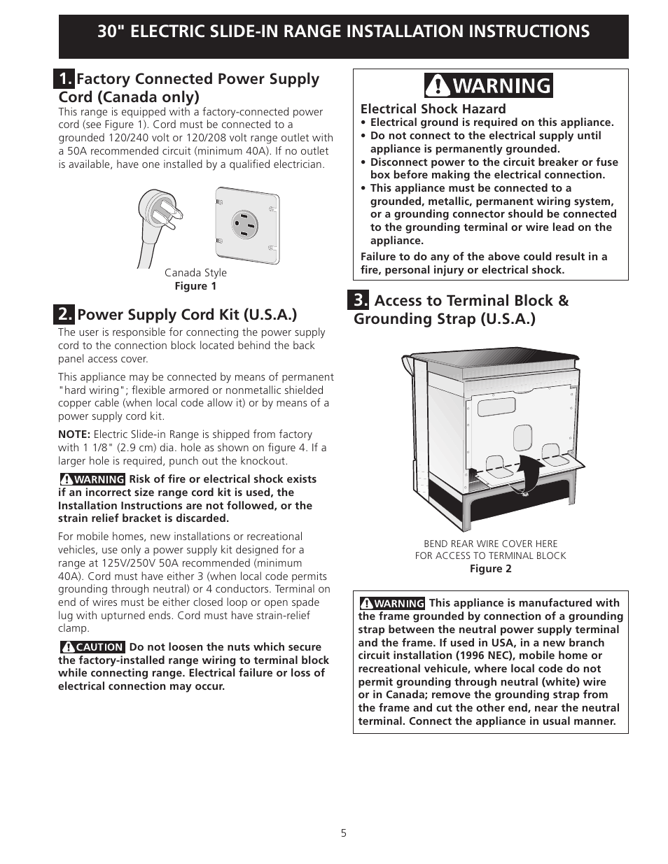 Power supply cord kit (u.s.a.), Factory connected power supply cord (canada only) | FRIGIDAIRE 318201616 User Manual | Page 5 / 32