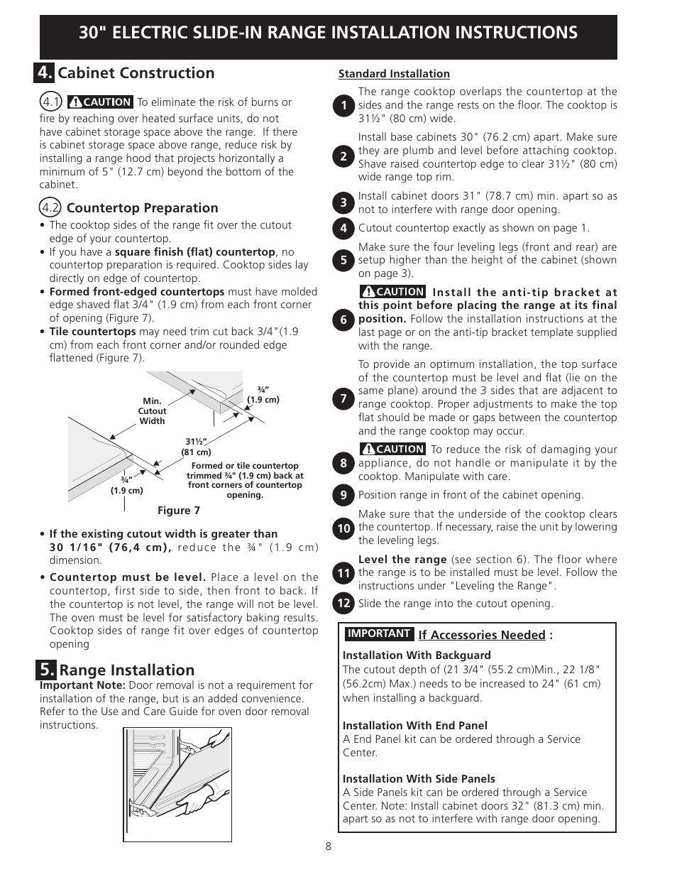 Cabinet construction, Range installation | FRIGIDAIRE 318201616 User Manual | Page 8 / 32