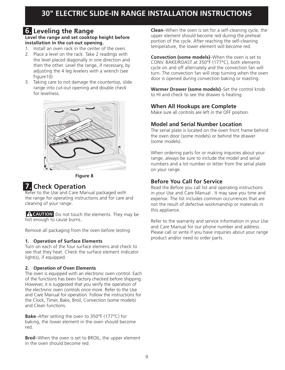 Check operation, Leveling the range | FRIGIDAIRE 318201616 User Manual | Page 9 / 32