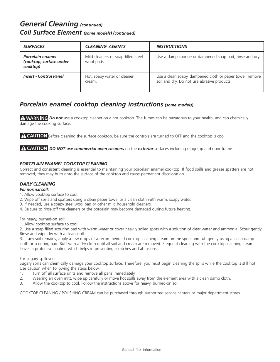 General cleaning, Coil surface element, Porcelain enamel cooktop cleaning instructions | FRIGIDAIRE 318200805 User Manual | Page 17 / 26