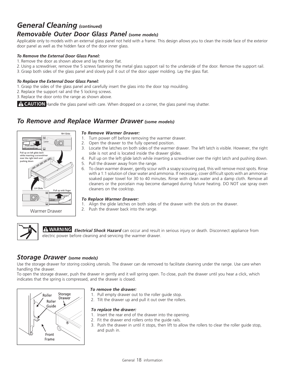 General cleaning, Removable outer door glass panel, Storage drawer | FRIGIDAIRE 318200805 User Manual | Page 20 / 26