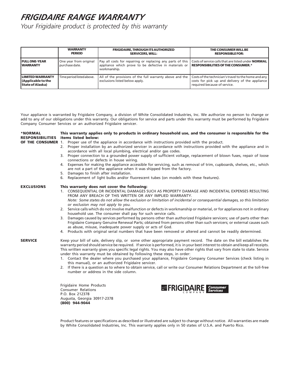 Frigidaire range warranty | FRIGIDAIRE 318200805 User Manual | Page 26 / 26