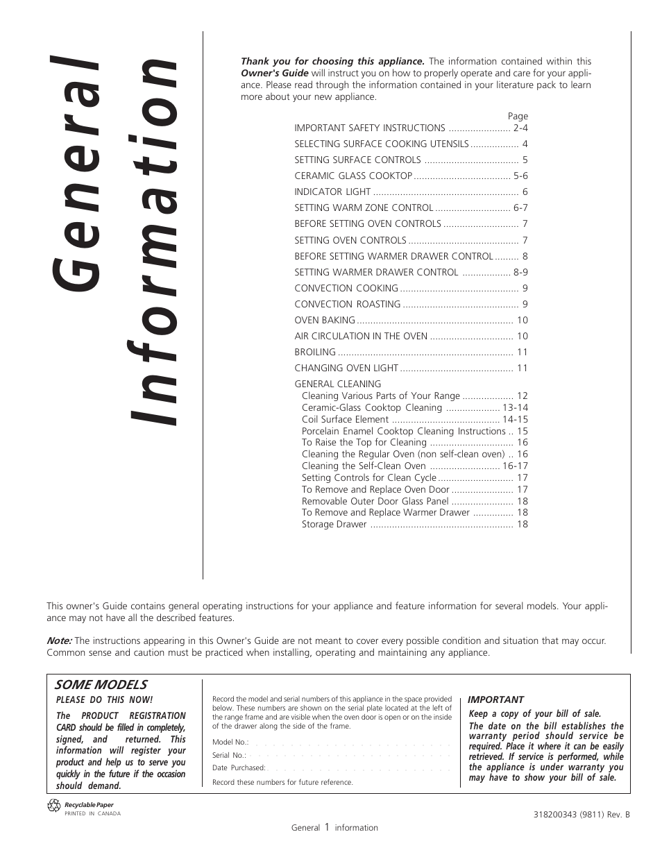 General information, Some models | FRIGIDAIRE 318200805 User Manual | Page 3 / 26