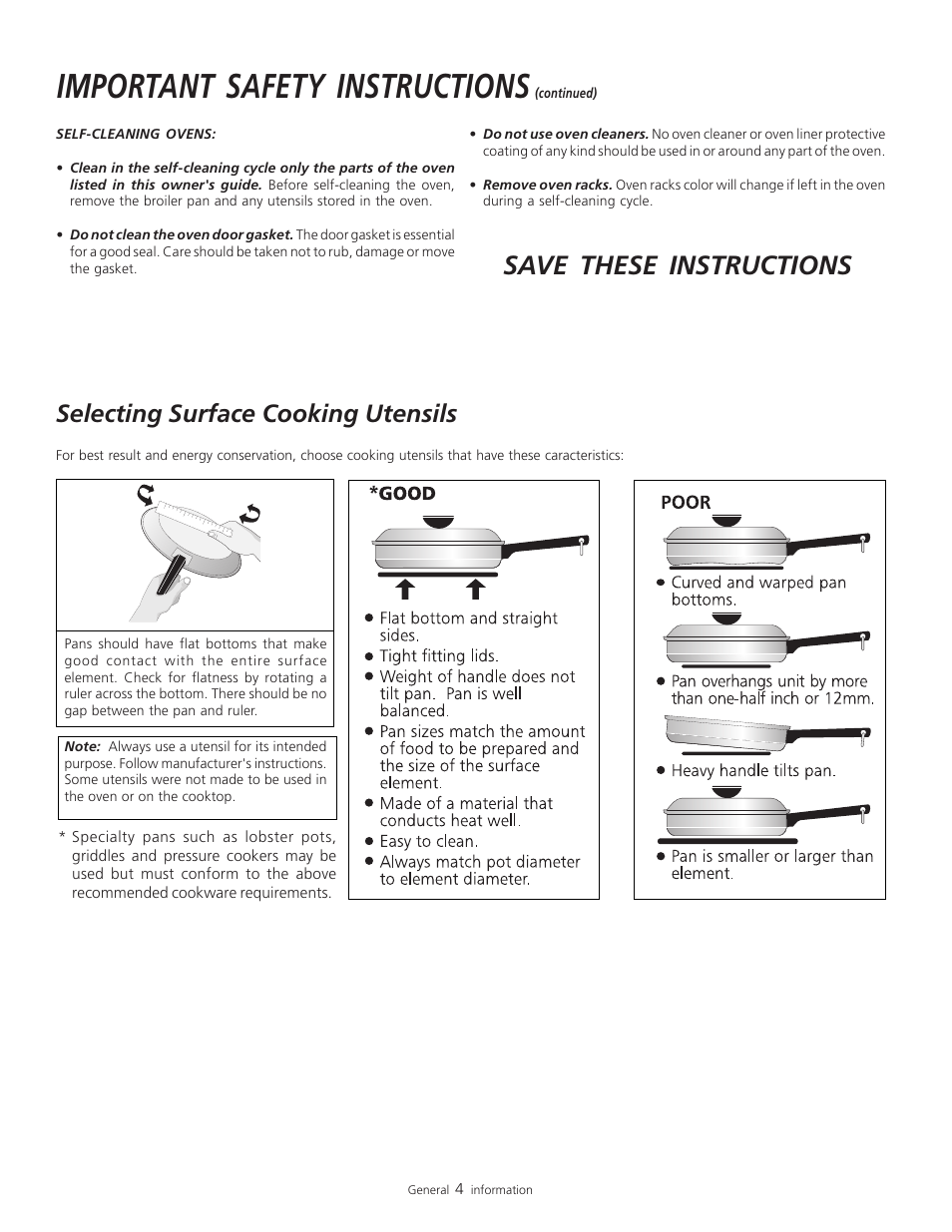 Important safety instructions, Save these instructions, Selecting surface cooking utensils | FRIGIDAIRE 318200805 User Manual | Page 6 / 26