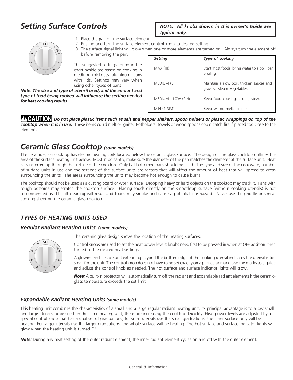 Setting surface controls, Ceramic glass cooktop, Types of heating units used | FRIGIDAIRE 318200805 User Manual | Page 7 / 26