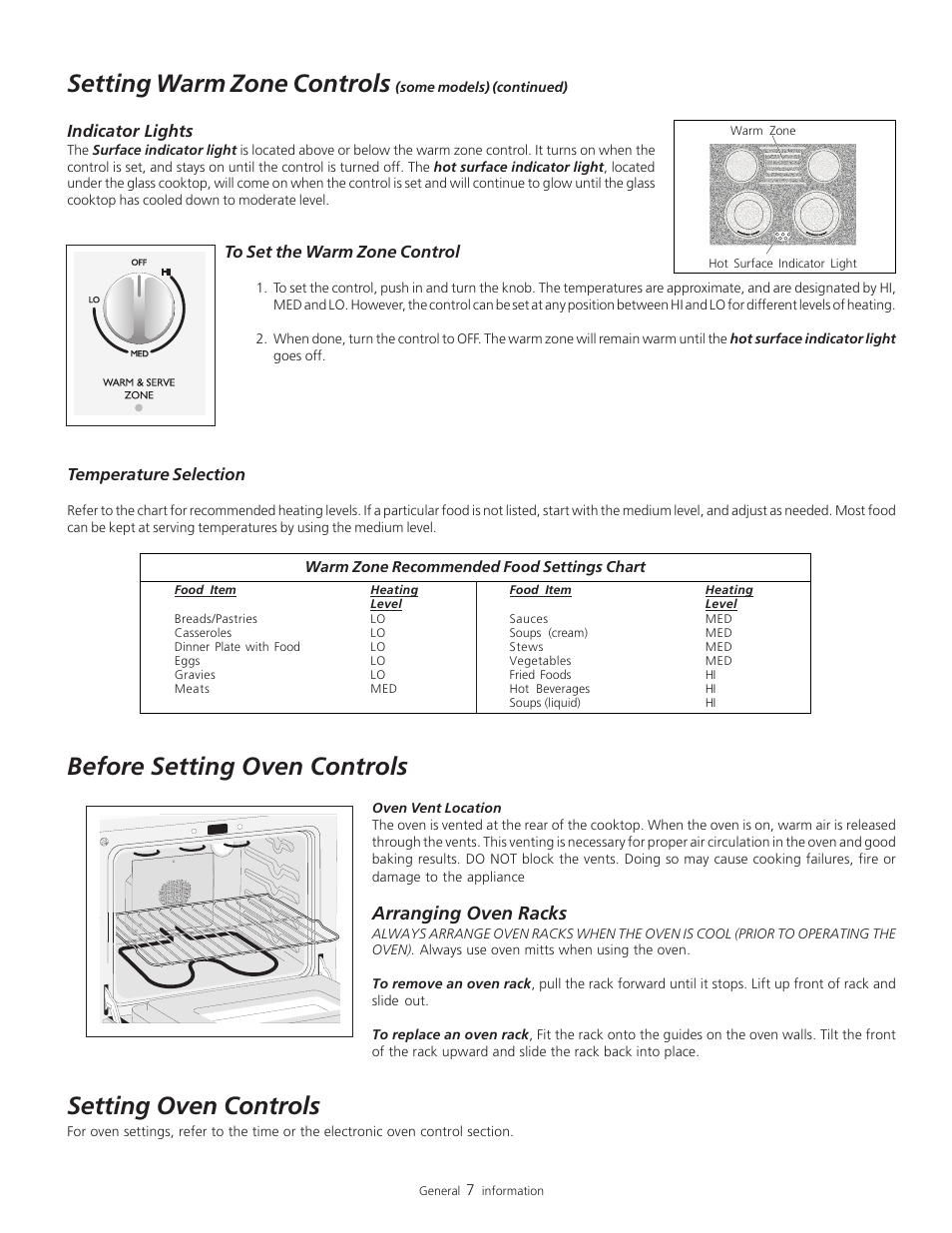 Setting warm zone controls, Before setting oven controls, Setting oven controls | Arranging oven racks | FRIGIDAIRE 318200805 User Manual | Page 9 / 26