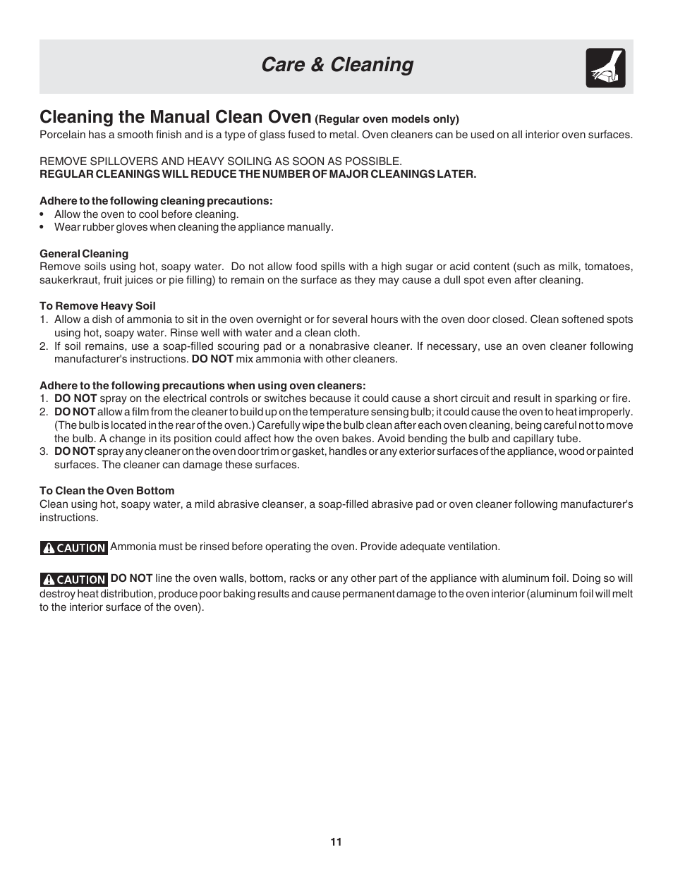 Care & cleaning, Cleaning the manual clean oven | FRIGIDAIRE 318205121 User Manual | Page 11 / 14