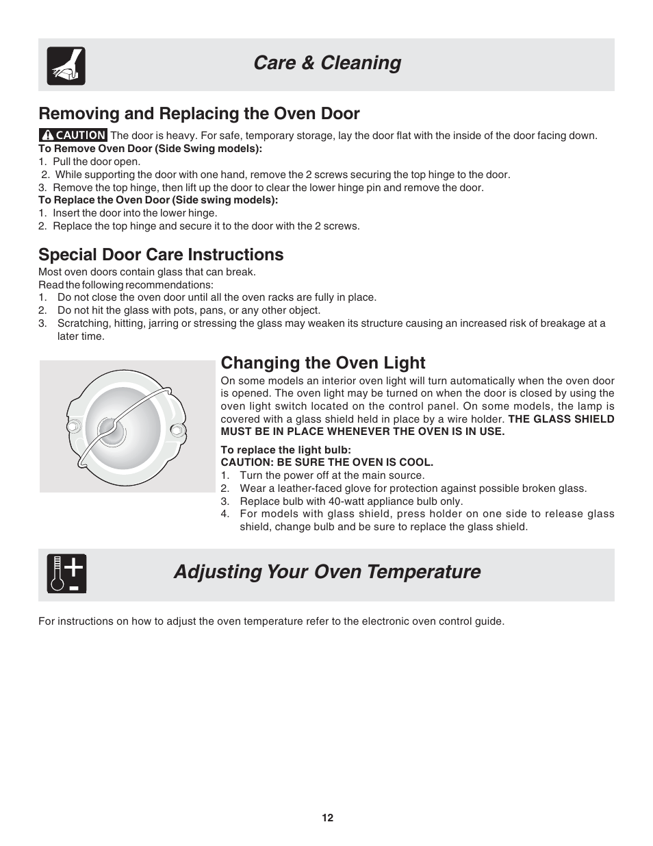 Care & cleaning, Adjusting your oven temperature, Removing and replacing the oven door | Special door care instructions, Changing the oven light | FRIGIDAIRE 318205121 User Manual | Page 12 / 14
