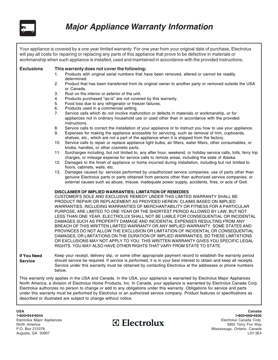 Major appliance warranty information | FRIGIDAIRE 318205121 User Manual | Page 14 / 14