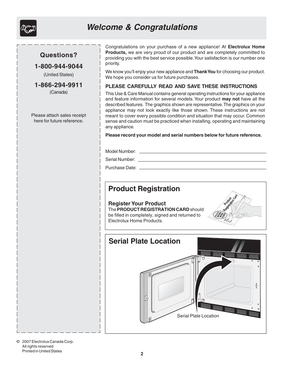 Product registration, Serial plate location | FRIGIDAIRE 318205121 User Manual | Page 2 / 14