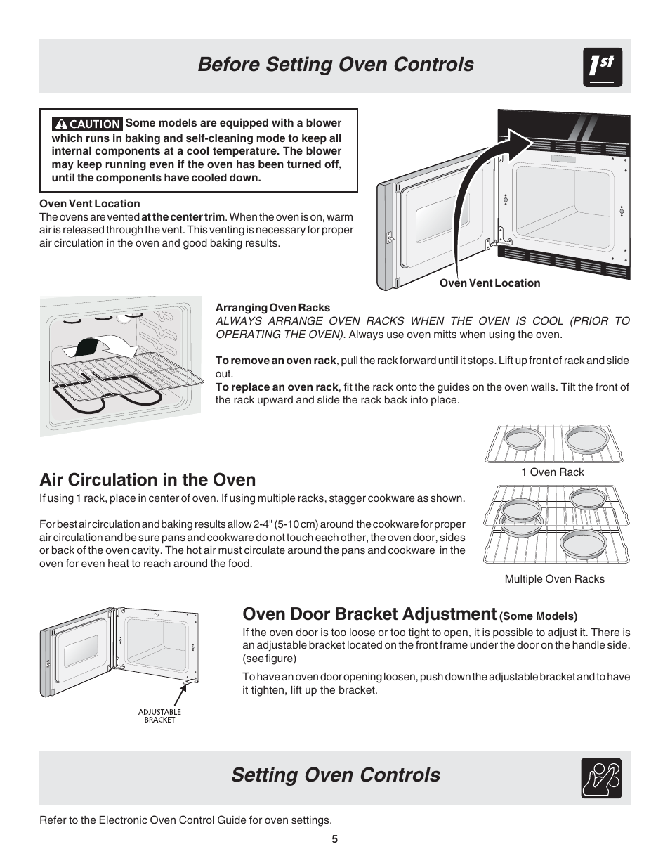 Before setting oven controls, Setting oven controls, Air circulation in the oven | Oven door bracket adjustment | FRIGIDAIRE 318205121 User Manual | Page 5 / 14