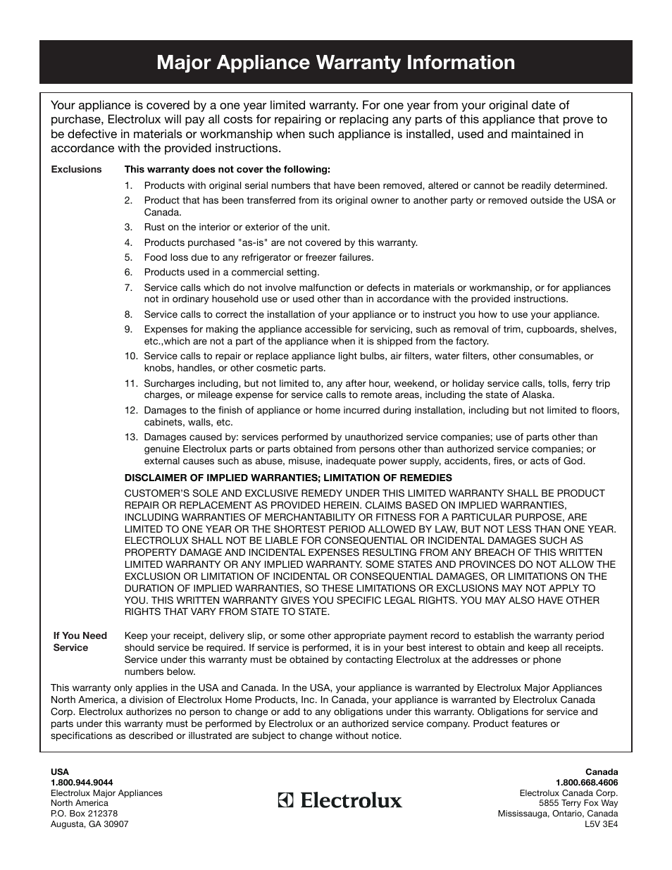 Major appliance warranty information | FRIGIDAIRE 134670100 User Manual | Page 10 / 11