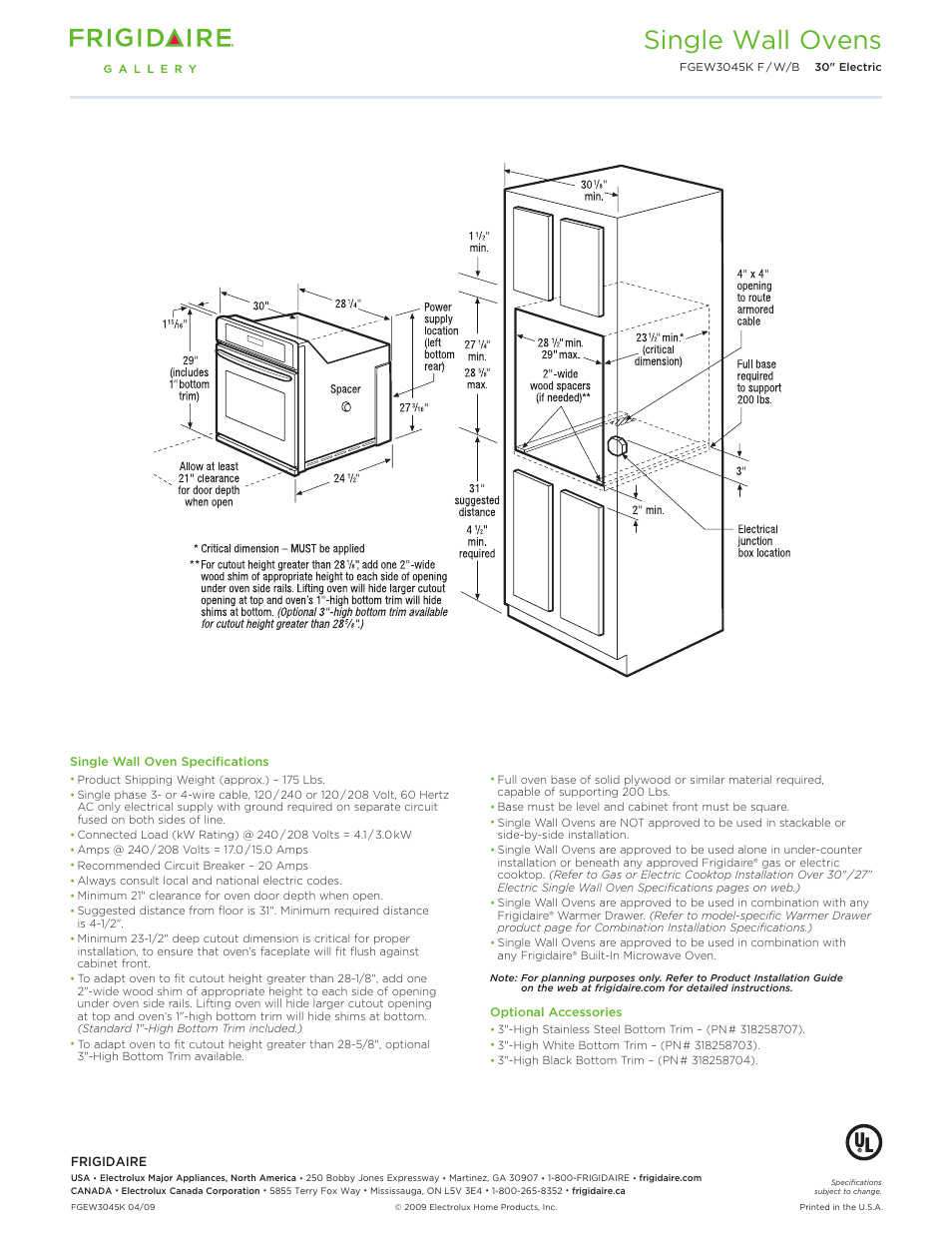 30" single electric wall oven gallery, Single wall ovens | FRIGIDAIRE Gallery FGEW3045K User Manual | Page 2 / 6