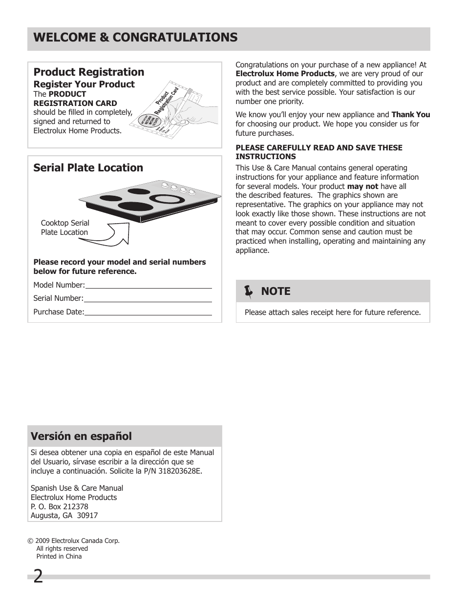 Versión en español, Product registration serial plate location | FRIGIDAIRE 318203628 User Manual | Page 2 / 12