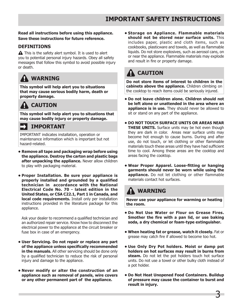 Important safety instructions, Warning, Important | Caution | FRIGIDAIRE 318203628 User Manual | Page 3 / 12