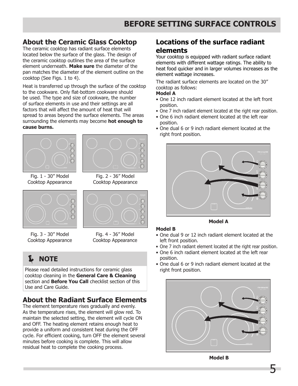 Before setting surface controls, About the ceramic glass cooktop, Locations of the surface radiant elements | About the radiant surface elements | FRIGIDAIRE 318203628 User Manual | Page 5 / 12