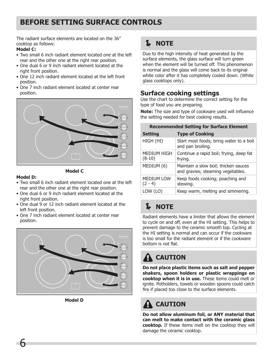 Before setting surface controls, Surface cooking settings, Caution | FRIGIDAIRE 318203628 User Manual | Page 6 / 12