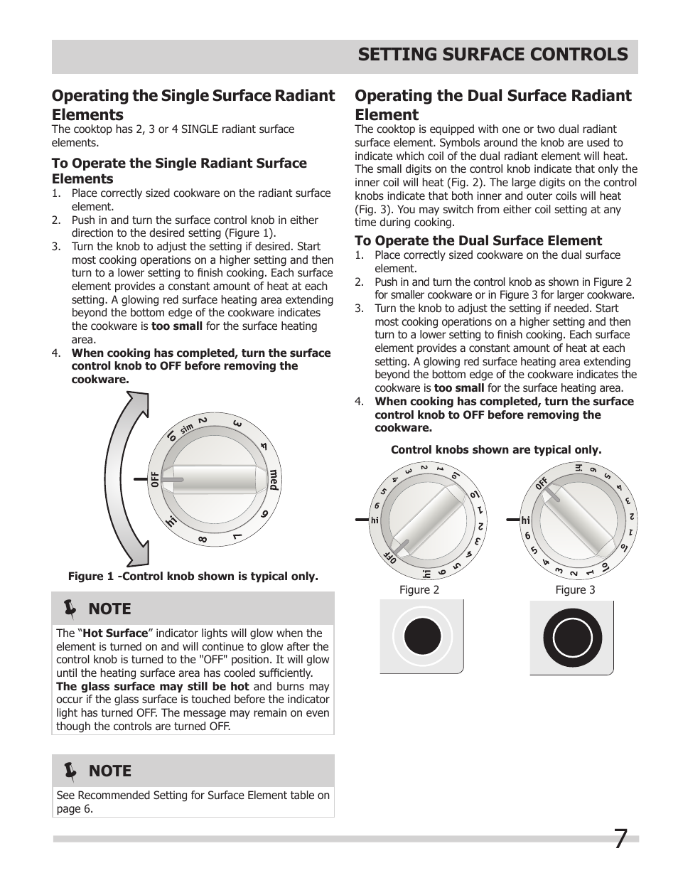 Setting surface controls, Operating the single surface radiant elements, Operating the dual surface radiant element | FRIGIDAIRE 318203628 User Manual | Page 7 / 12