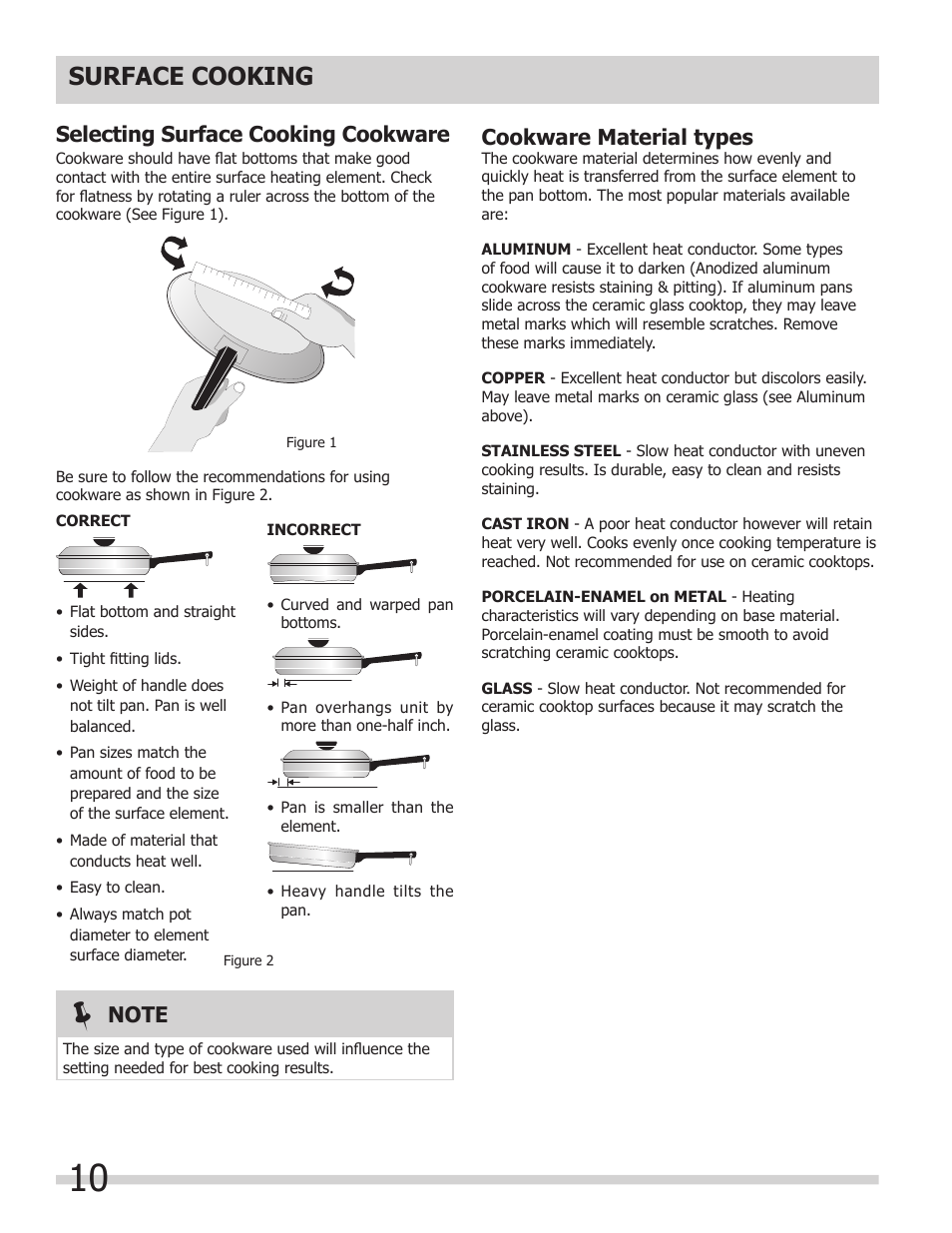 Surface cooking, Selecting surface cooking cookware, Cookware material types | FRIGIDAIRE 318203624 User Manual | Page 10 / 14