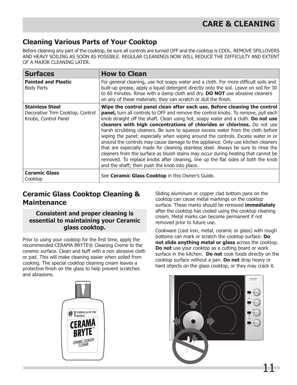 Care & cleaning, Cleaning various parts of your cooktop, Surfaces how to clean | Ceramic glass cooktop cleaning & maintenance | FRIGIDAIRE 318203624 User Manual | Page 11 / 14