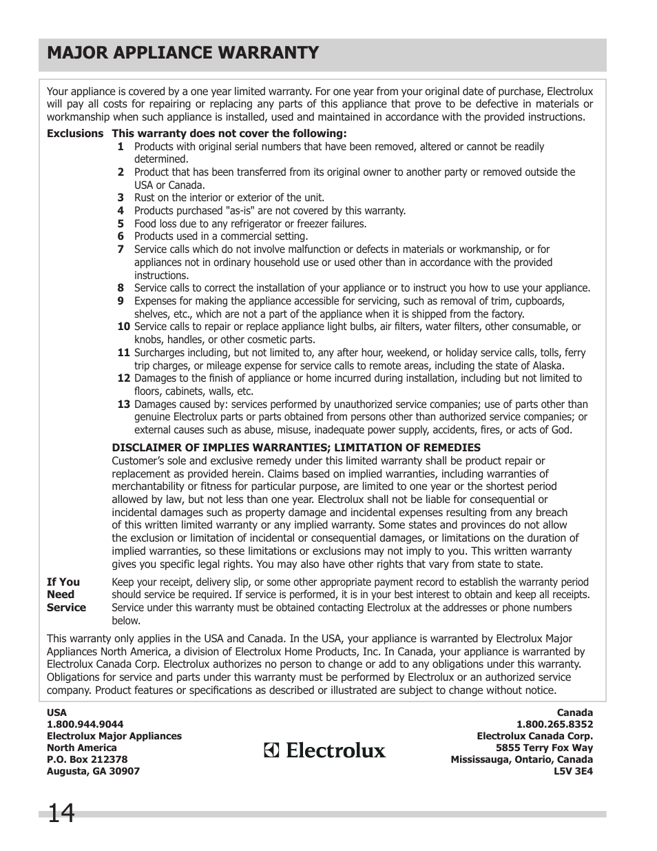 Major appliance warranty | FRIGIDAIRE 318203624 User Manual | Page 14 / 14