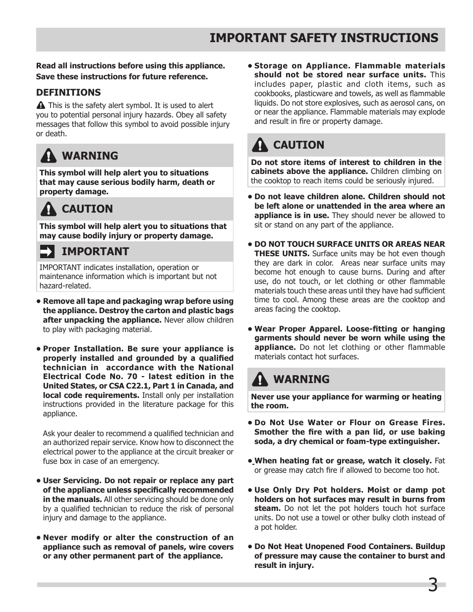 Important safety instructions, Warning, Important | Caution | FRIGIDAIRE 318203624 User Manual | Page 3 / 14