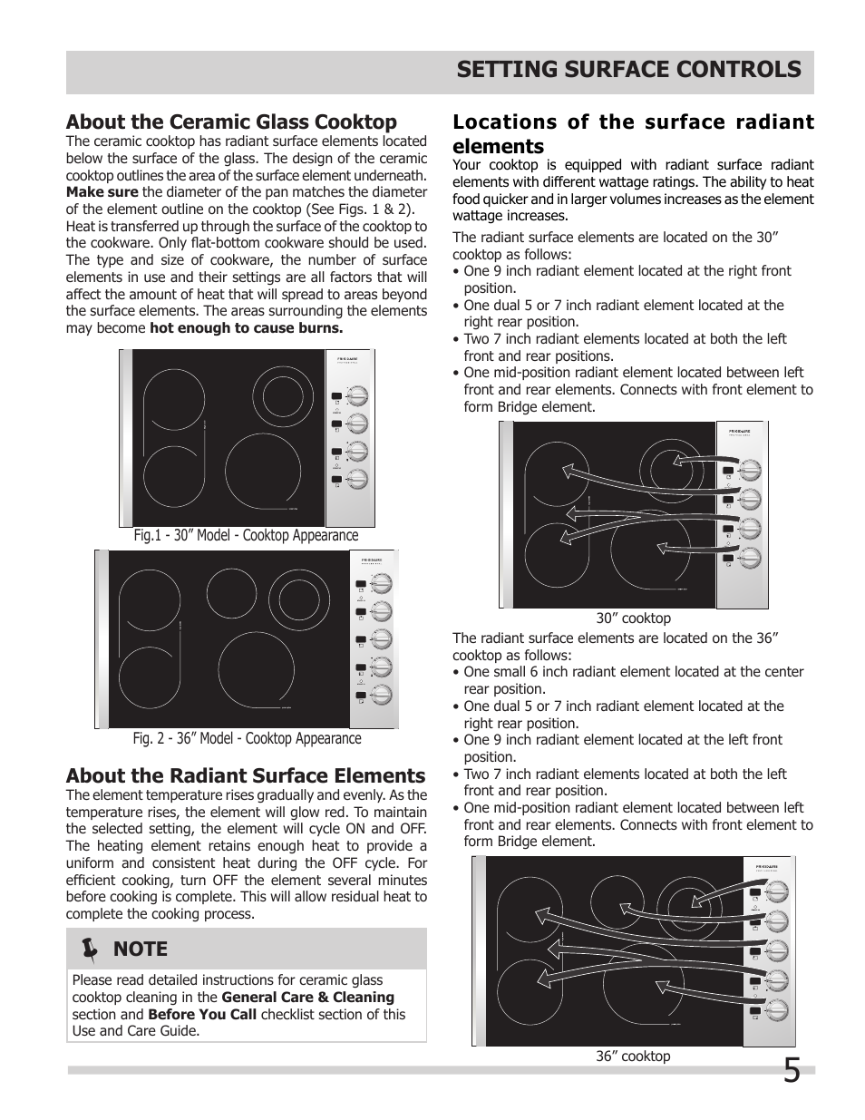 Setting surface controls, About the ceramic glass cooktop, About the radiant surface elements | Locations of the surface radiant elements | FRIGIDAIRE 318203624 User Manual | Page 5 / 14