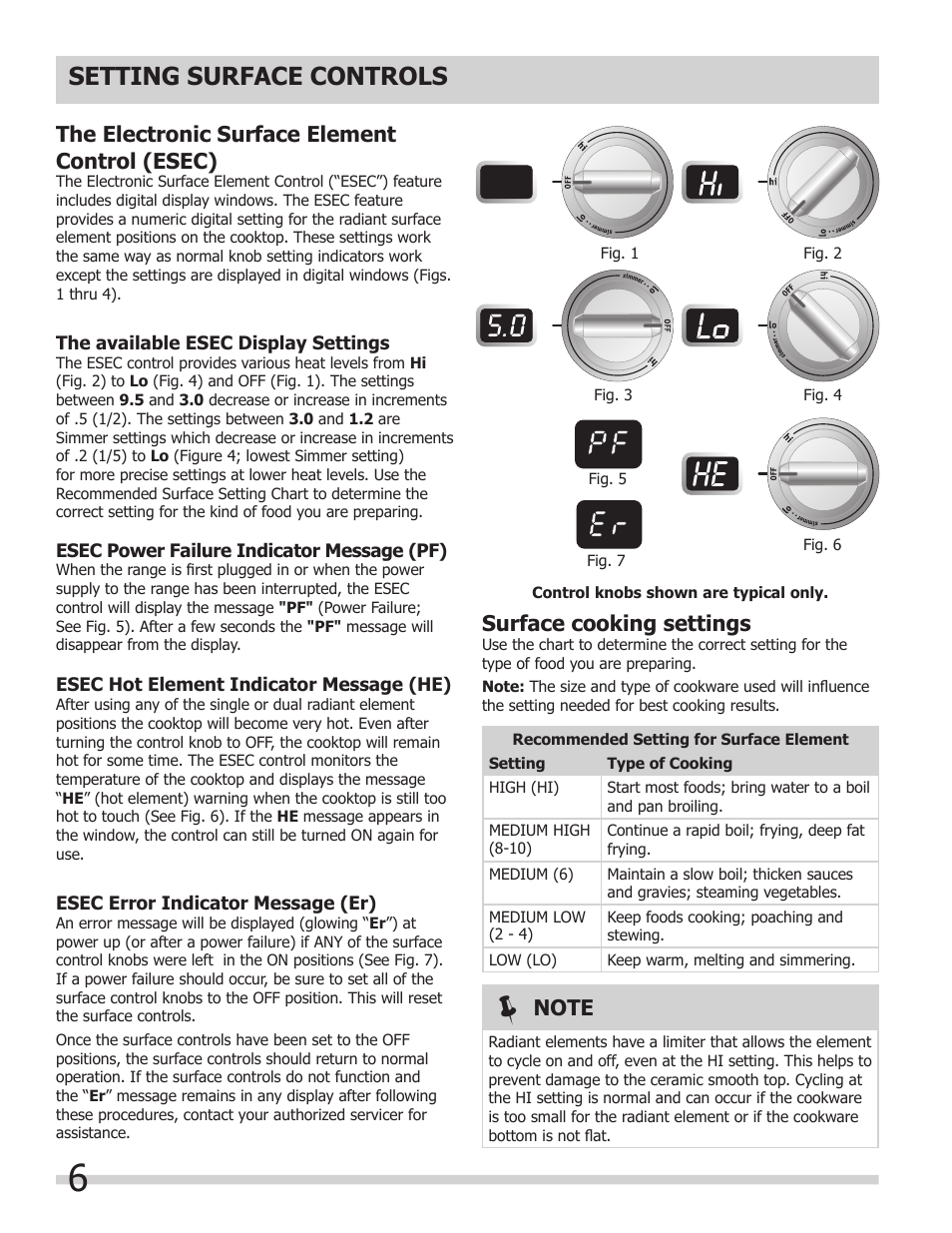 Setting surface controls, Surface cooking settings, The electronic surface element control (esec) | FRIGIDAIRE 318203624 User Manual | Page 6 / 14