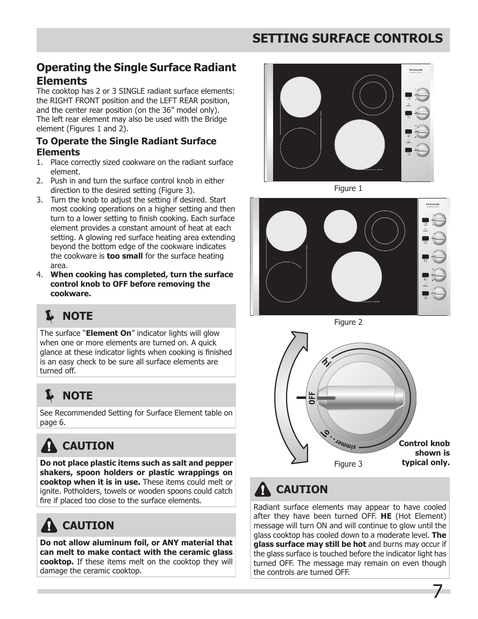 Setting surface controls, Operating the single surface radiant elements, Caution | FRIGIDAIRE 318203624 User Manual | Page 7 / 14