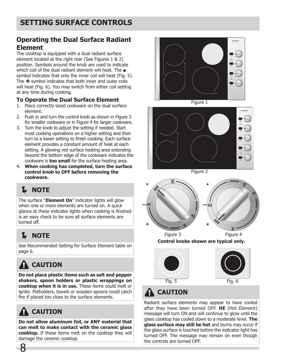 Setting surface controls, Operating the dual surface radiant element, Caution | FRIGIDAIRE 318203624 User Manual | Page 8 / 14