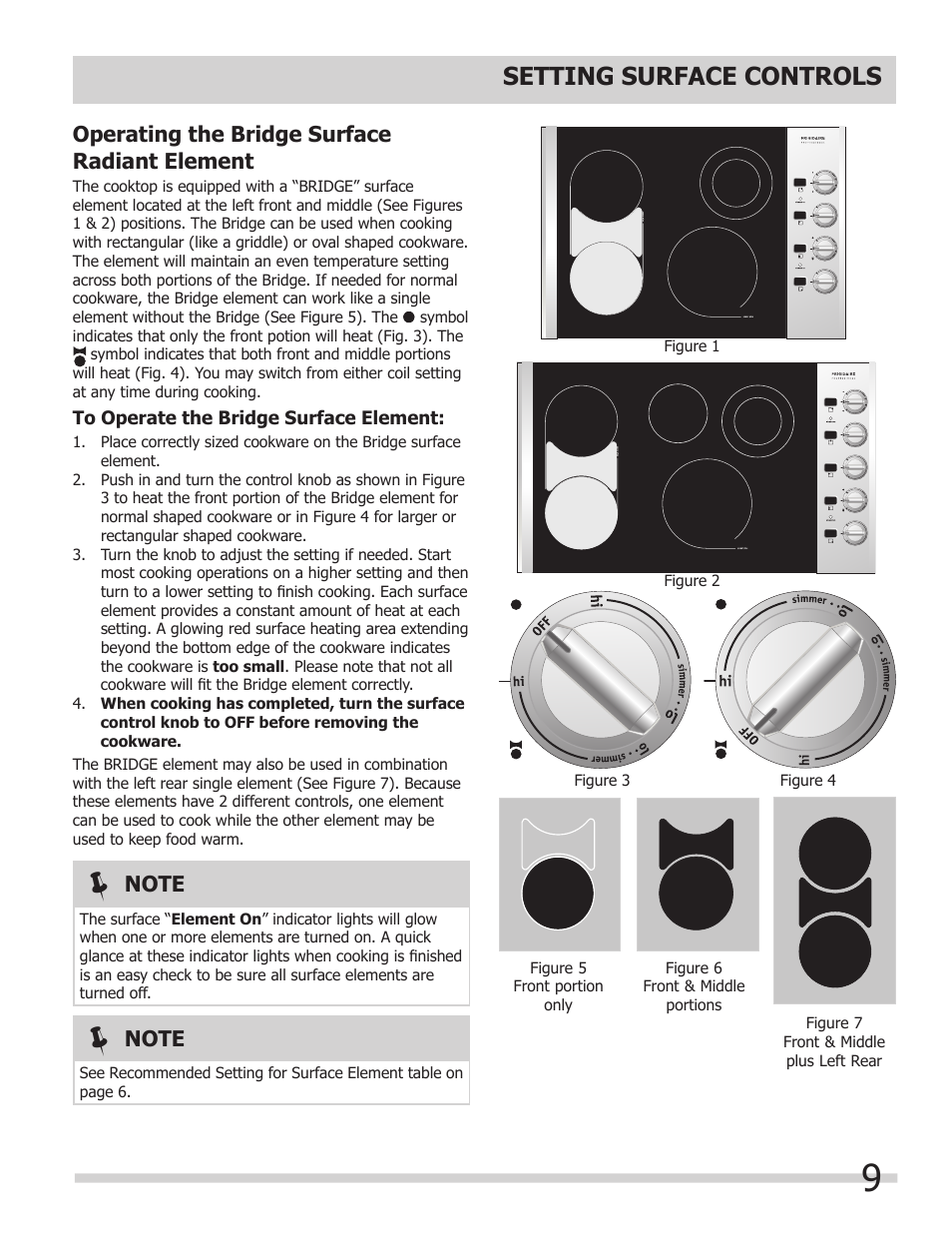 Setting surface controls, Operating the bridge surface radiant element | FRIGIDAIRE 318203624 User Manual | Page 9 / 14