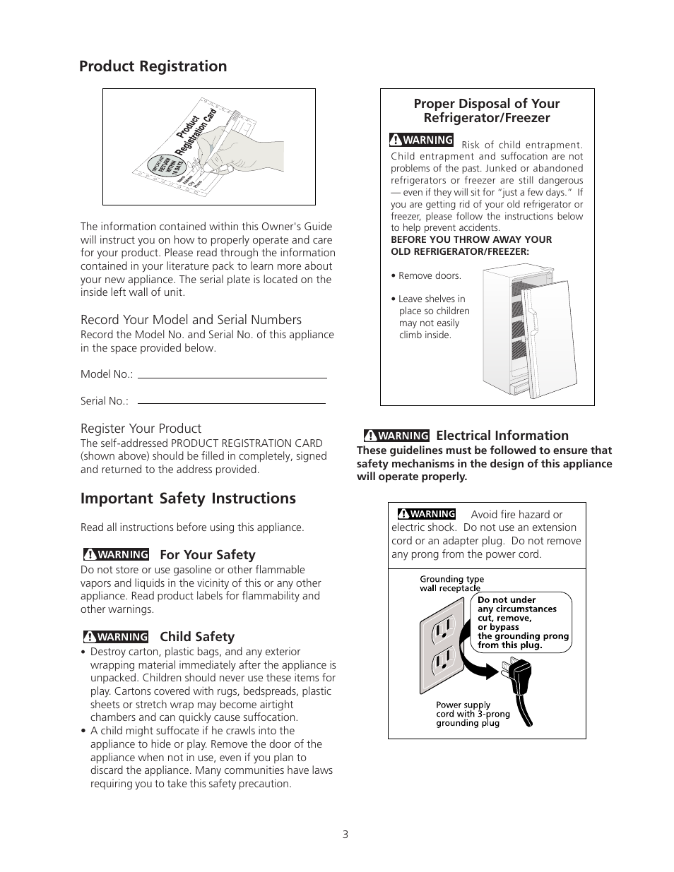 Product registration, Important safety instructions | FRIGIDAIRE Artic Air Commerical Glass Door Refrigerator User Manual | Page 2 / 10