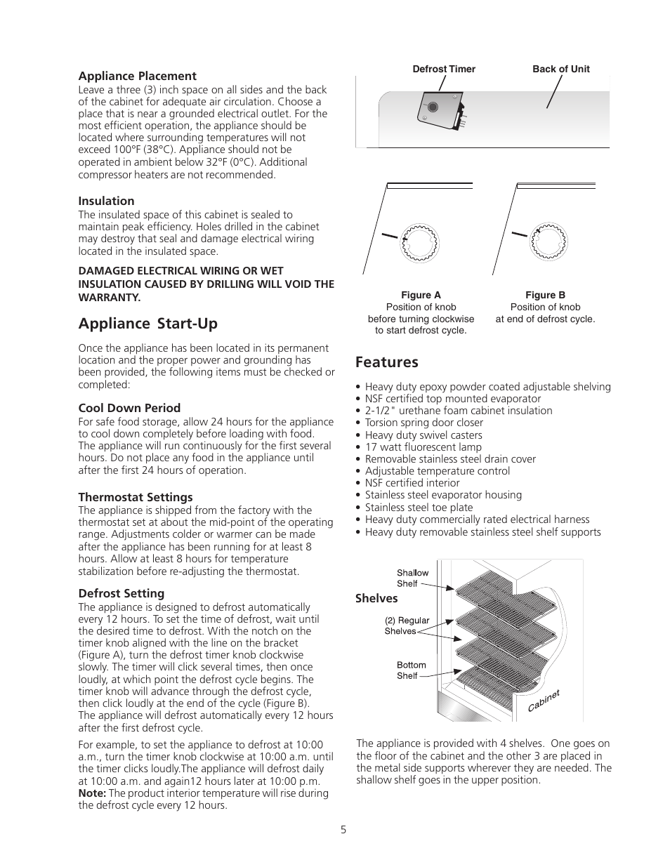 Appliance start-up, Features | FRIGIDAIRE Artic Air Commerical Glass Door Refrigerator User Manual | Page 4 / 10