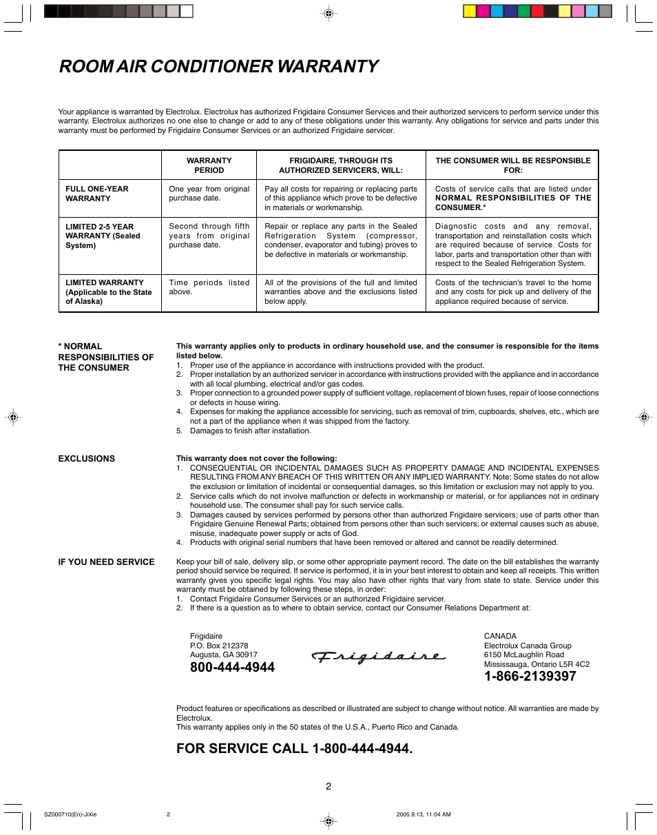 Room air conditioner warranty, Your product is protected by this warranty | FRIGIDAIRE 220201d053 User Manual | Page 2 / 7