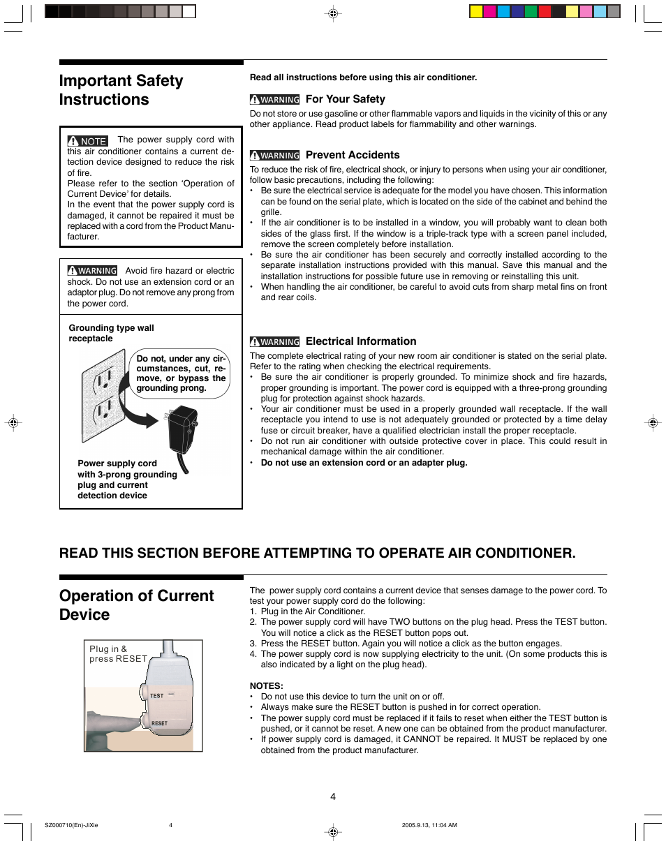 Important safety instructions, Operation of current device | FRIGIDAIRE 220201d053 User Manual | Page 4 / 7