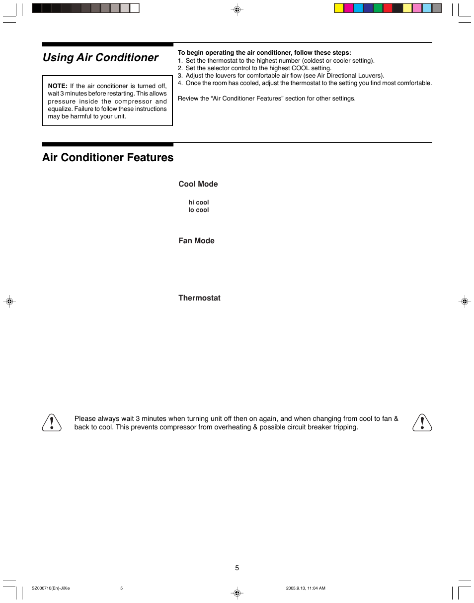 Using air conditioner, Air conditioner features | FRIGIDAIRE 220201d053 User Manual | Page 5 / 7
