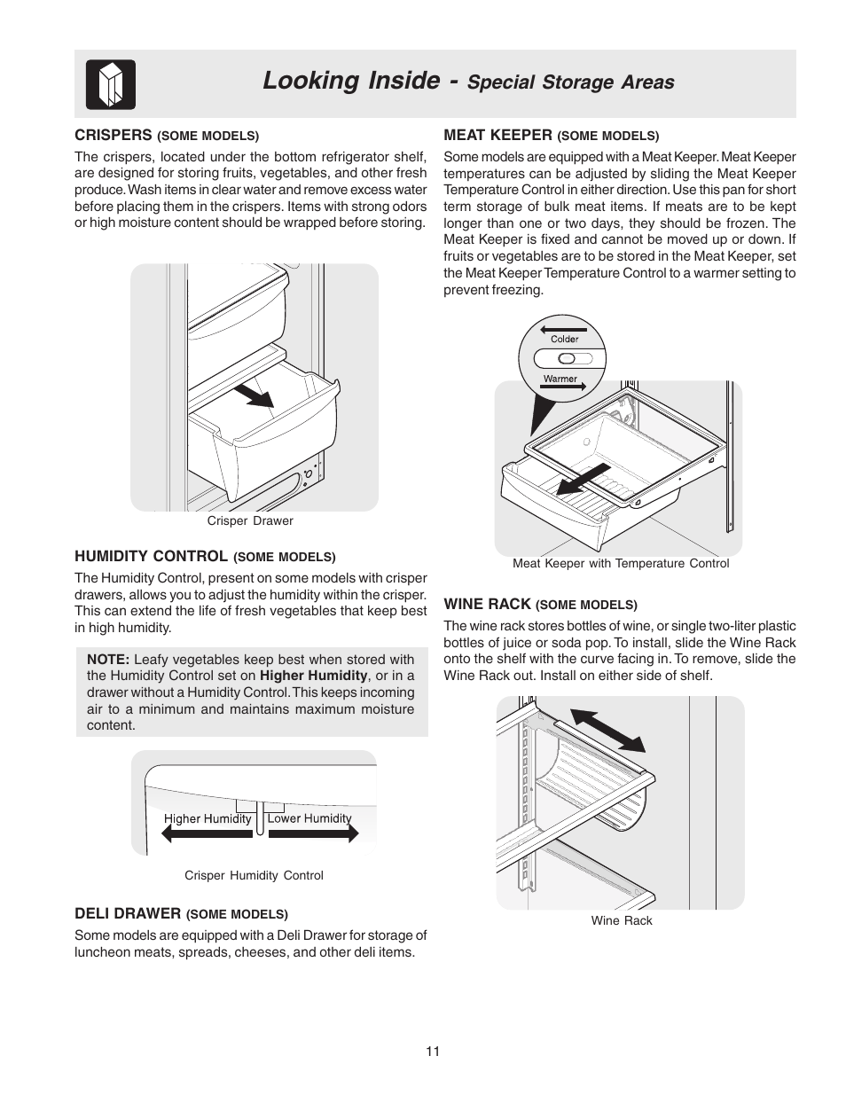 Looking inside, Special storage areas | FRIGIDAIRE 240389312 User Manual | Page 11 / 25