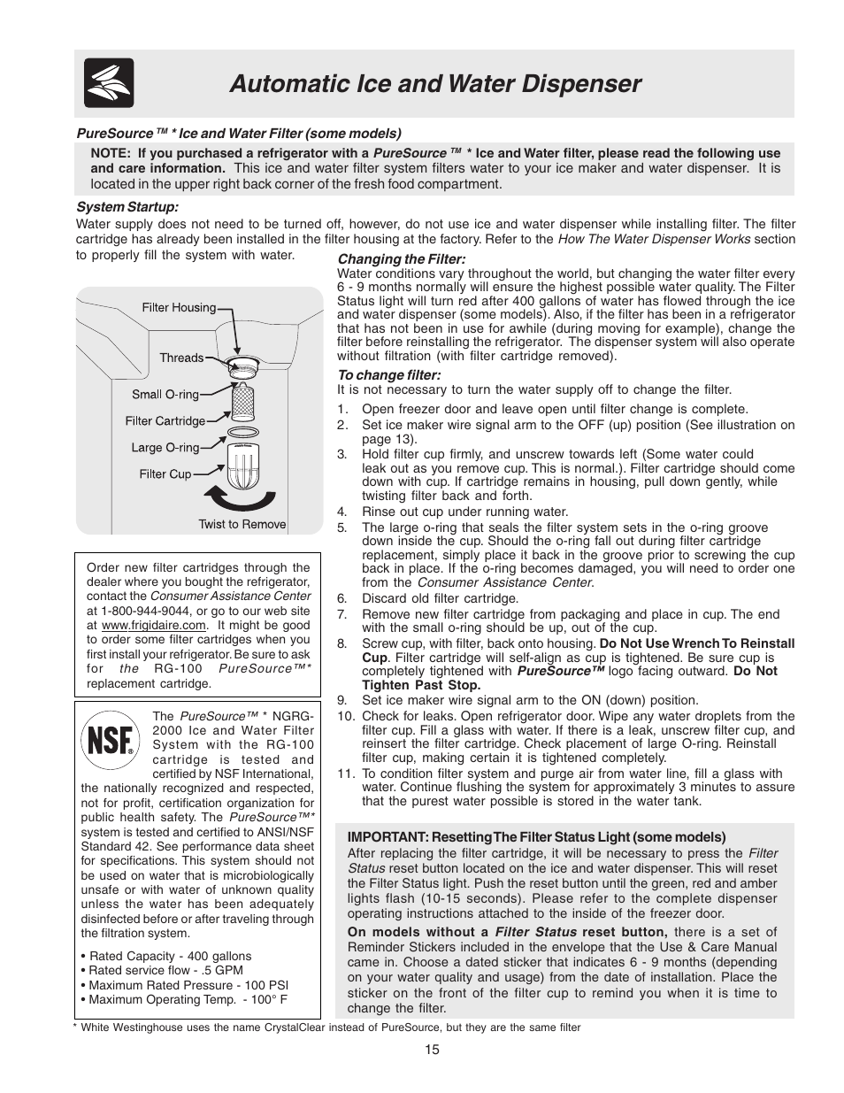 Automatic ice and water dispenser | FRIGIDAIRE 240389312 User Manual | Page 15 / 25