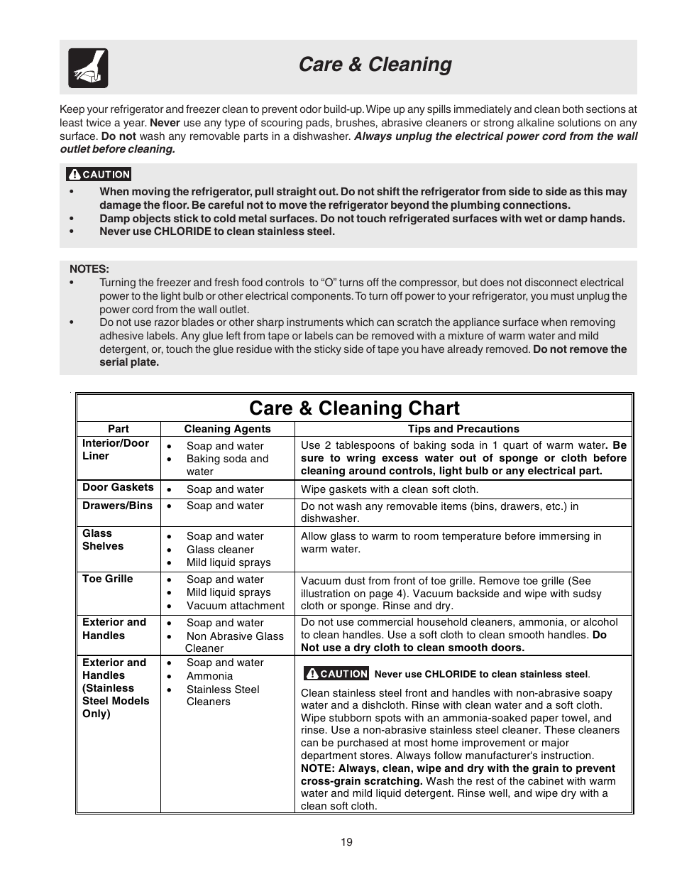 Care & cleaning, Care & cleaning chart | FRIGIDAIRE 240389312 User Manual | Page 19 / 25