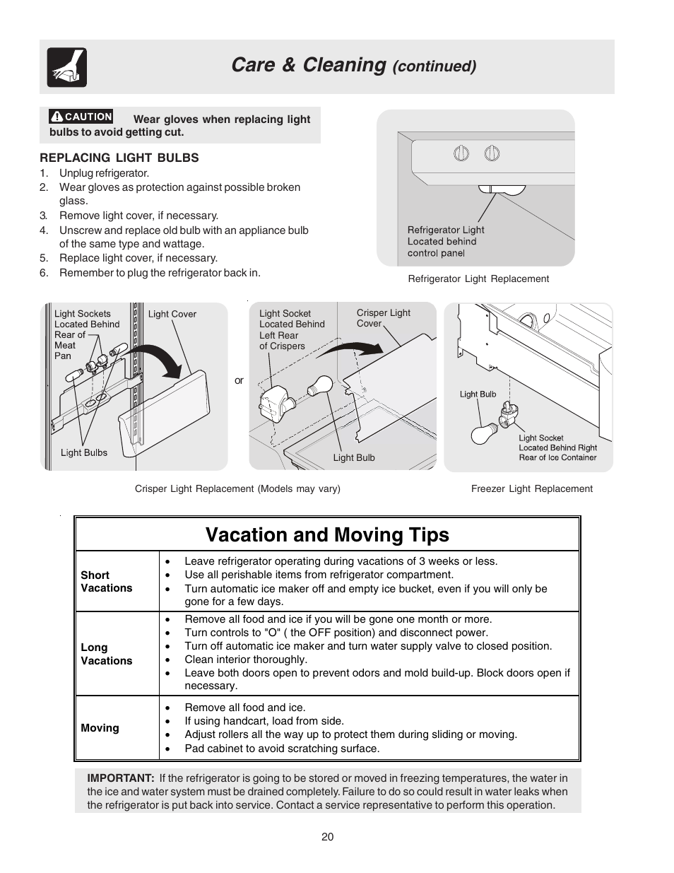 Care & cleaning, Vacation and moving tips, Continued) | FRIGIDAIRE 240389312 User Manual | Page 20 / 25
