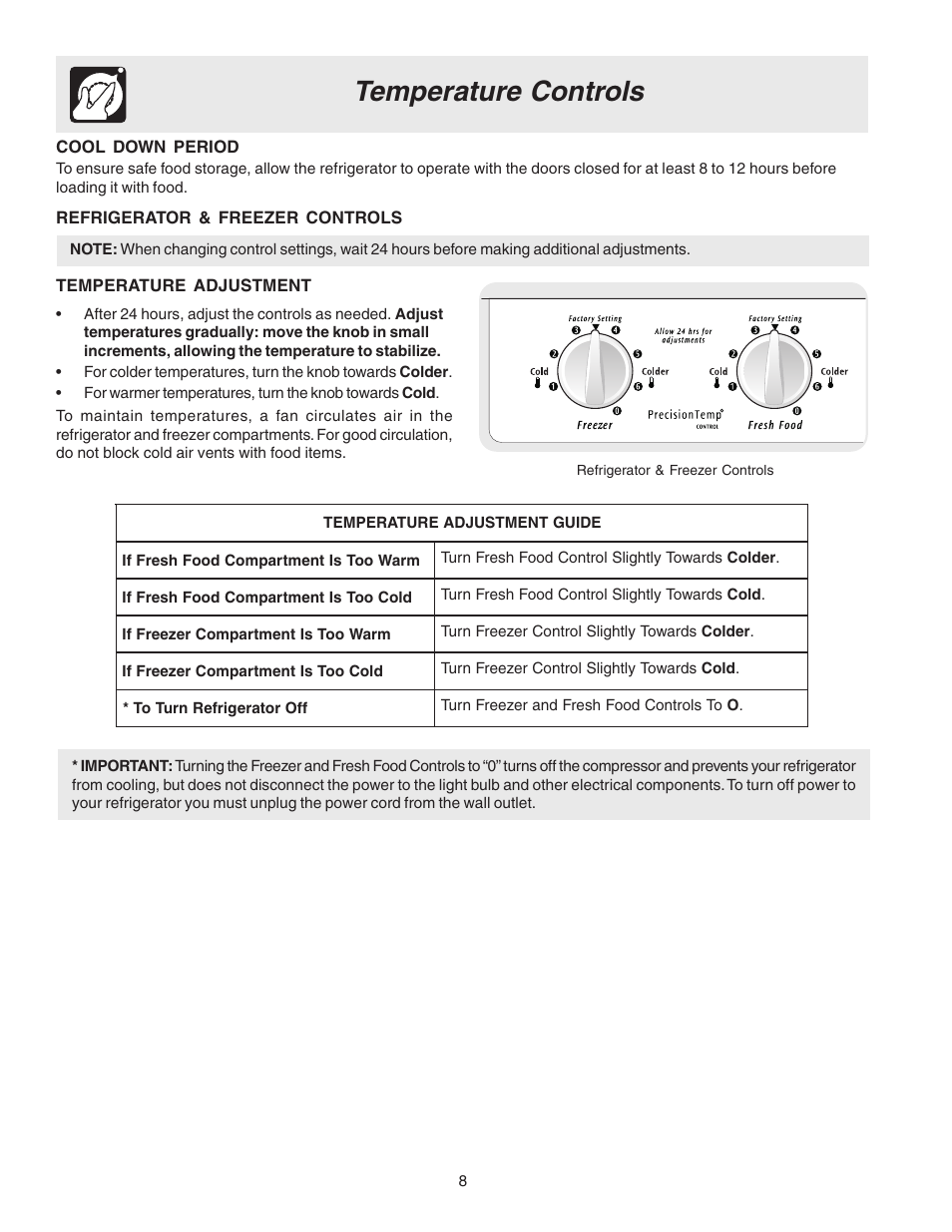 Temperature controls | FRIGIDAIRE 240389312 User Manual | Page 8 / 25