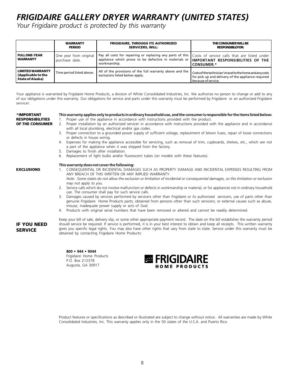 Frigidaire gallery dryer warranty (united states) | FRIGIDAIRE 131882000 (9907) User Manual | Page 8 / 10