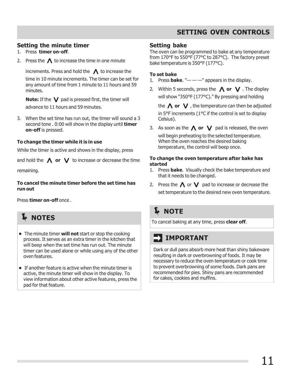 Setting oven controls, Important | FRIGIDAIRE 316902210 User Manual | Page 11 / 20