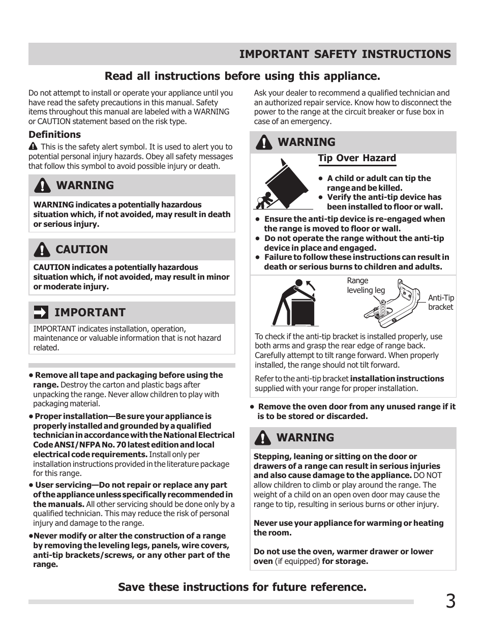 Read all instructions before using this appliance, Warning, Warning important | Caution | FRIGIDAIRE 316902210 User Manual | Page 3 / 20