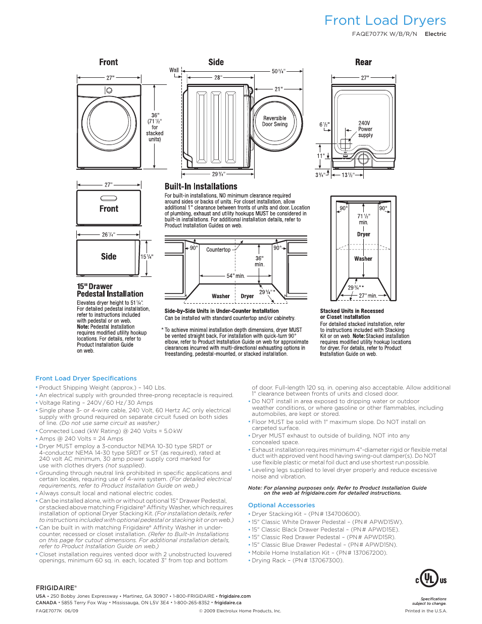 Front load dryers | FRIGIDAIRE Affinity FAQE7077K User Manual | Page 2 / 2