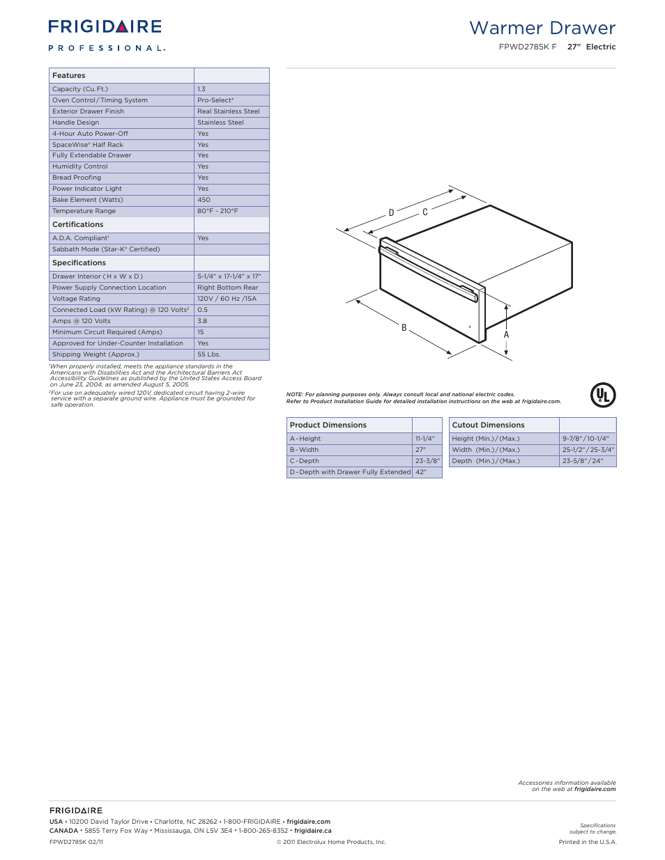 Warmer drawer ew30wd55g, Warmer drawer | FRIGIDAIRE FPWD2785KF User Manual | Page 2 / 7