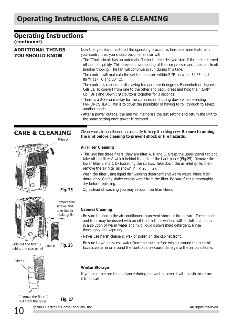 Operating instructions, care & cleaning, Care & cleaning, Operating instructions | FRIGIDAIRE 2020252A0373 User Manual | Page 10 / 12