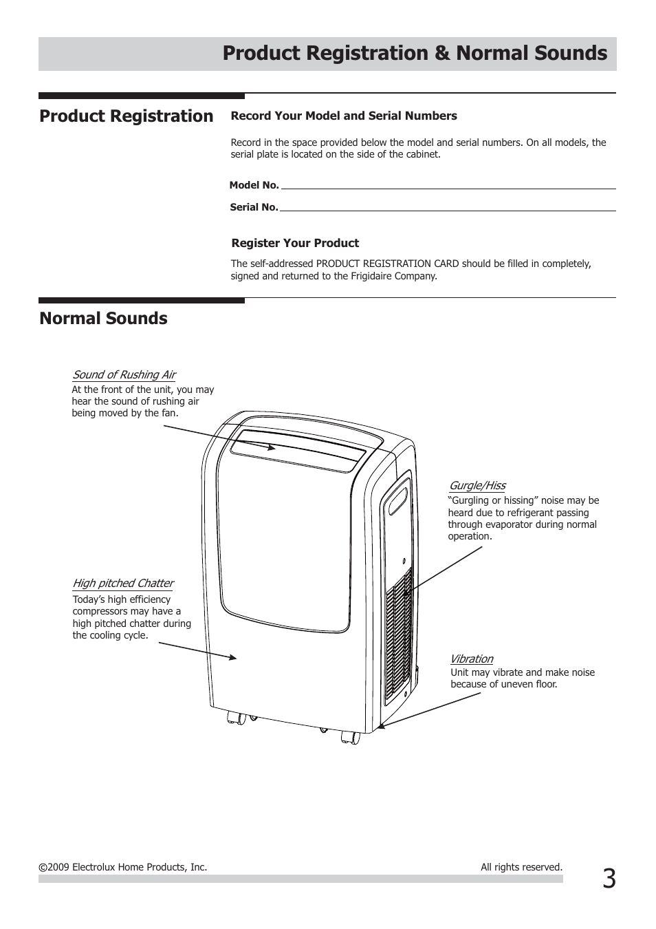 Product registration & normal sounds, Normal sounds, Product registration | FRIGIDAIRE 2020252A0373 User Manual | Page 3 / 12