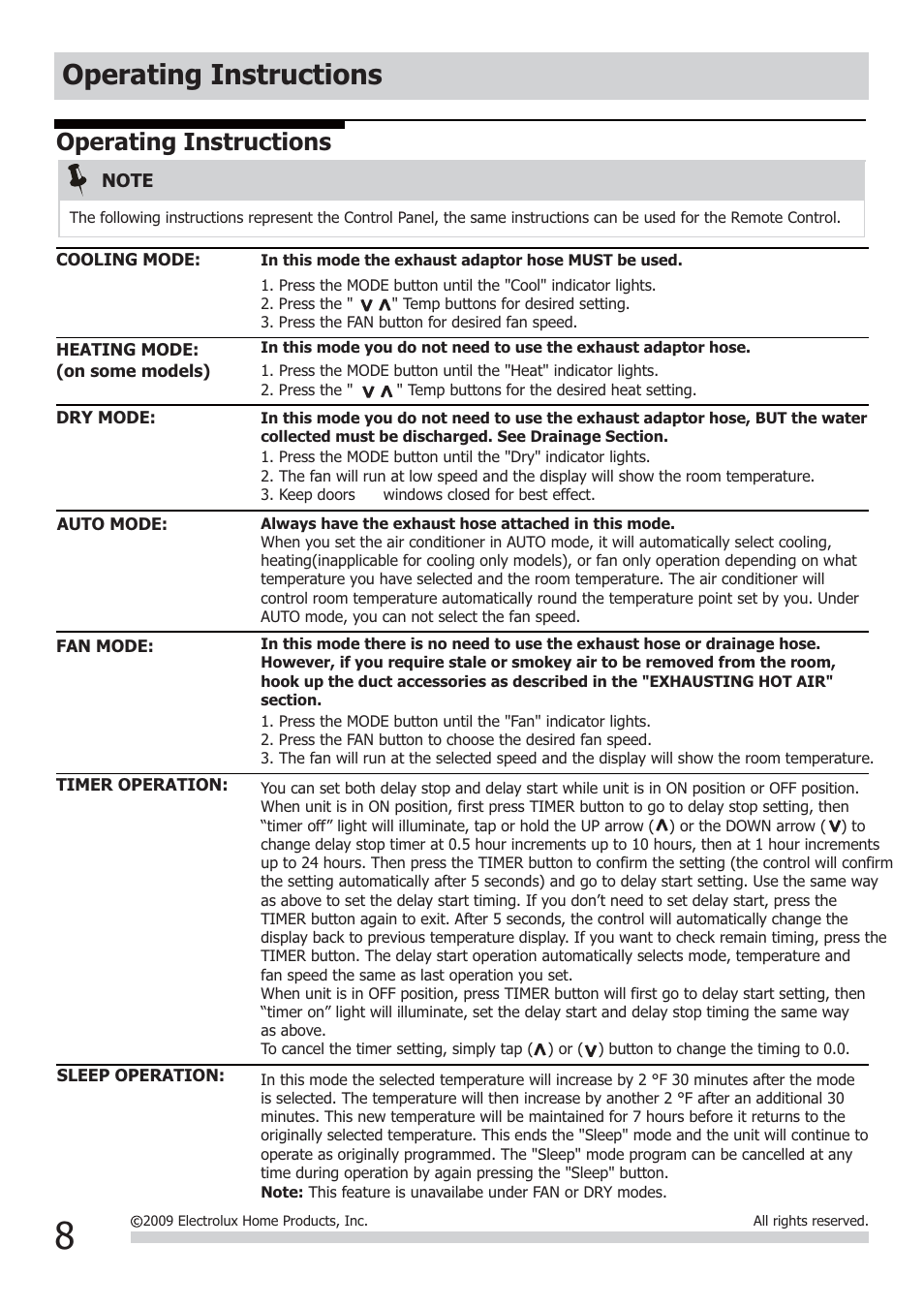 Operating instructions | FRIGIDAIRE 2020252A0373 User Manual | Page 8 / 12